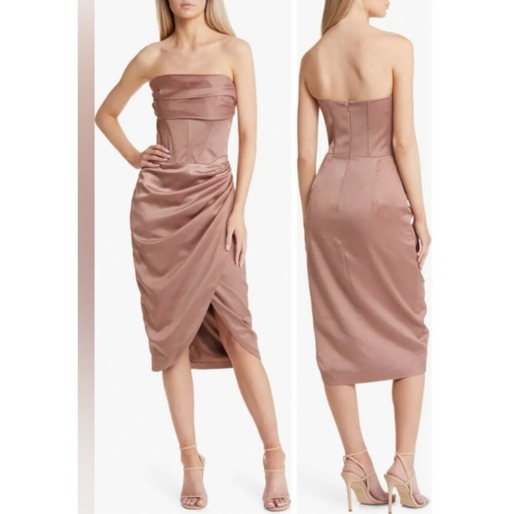 Bardot Jamila Corset Dress Latte Bronze Ruched Strapless Party XL 10 US NEW